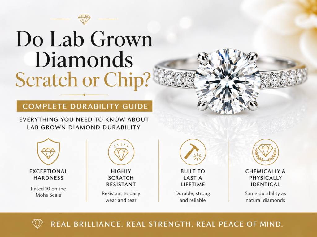 "Luxury infographic featuring a sparkling lab grown diamond engagement ring explaining whether lab grown diamonds scratch or chip, complete durability guide highlighting hardness, scratch resistance, and long-term durability."